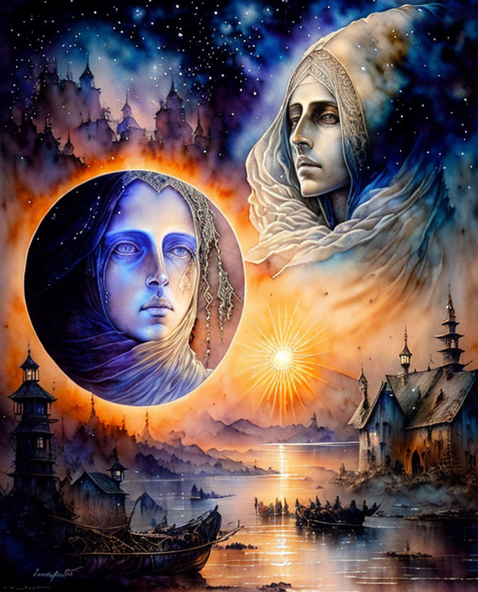 Colorful cosmic face, moon, cloaked figure, sun, boats, and Asian buildings in artwork