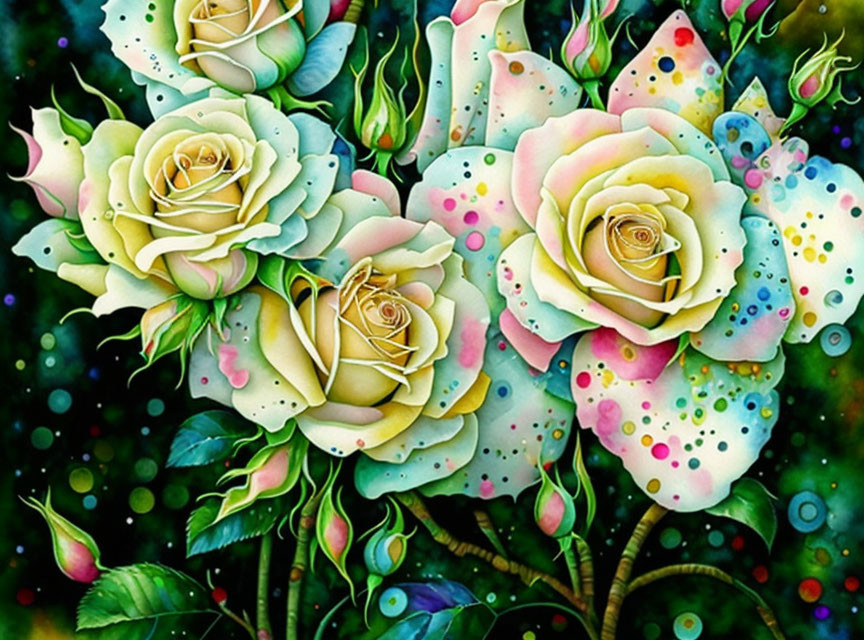 Colorful Whimsical Roses Painting on Dark Starry Background