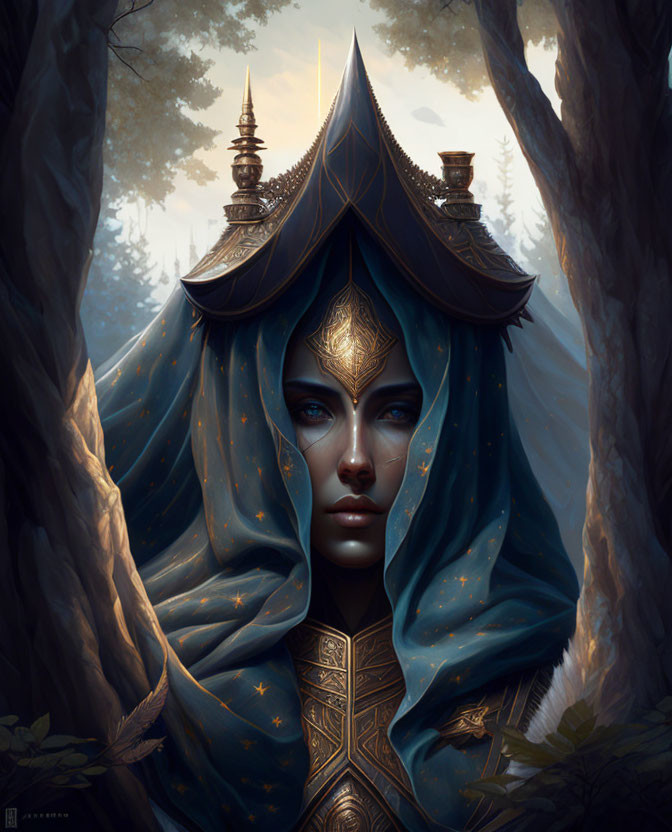 Fantasy portrait of character in starry blue cloak and golden armor emerging from mystical forest