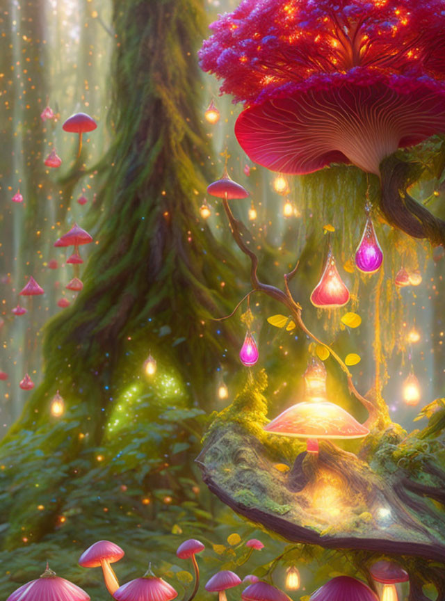 Enchanted forest with glowing mushrooms, red-capped mushroom, and ethereal rays.