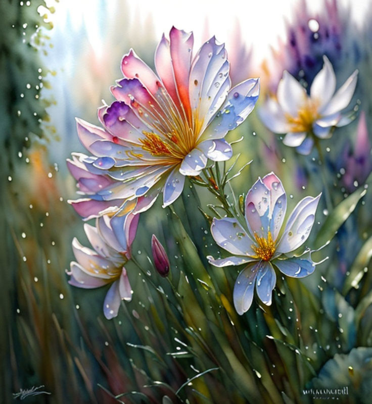 Colorful watercolor painting of dew-covered flowers in pink, purple, and white.