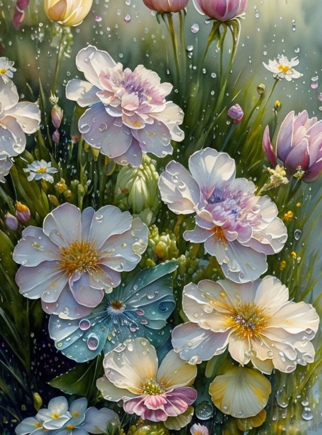 Colorful Painting of Dew-Covered Flowers in Pink, Purple, and White