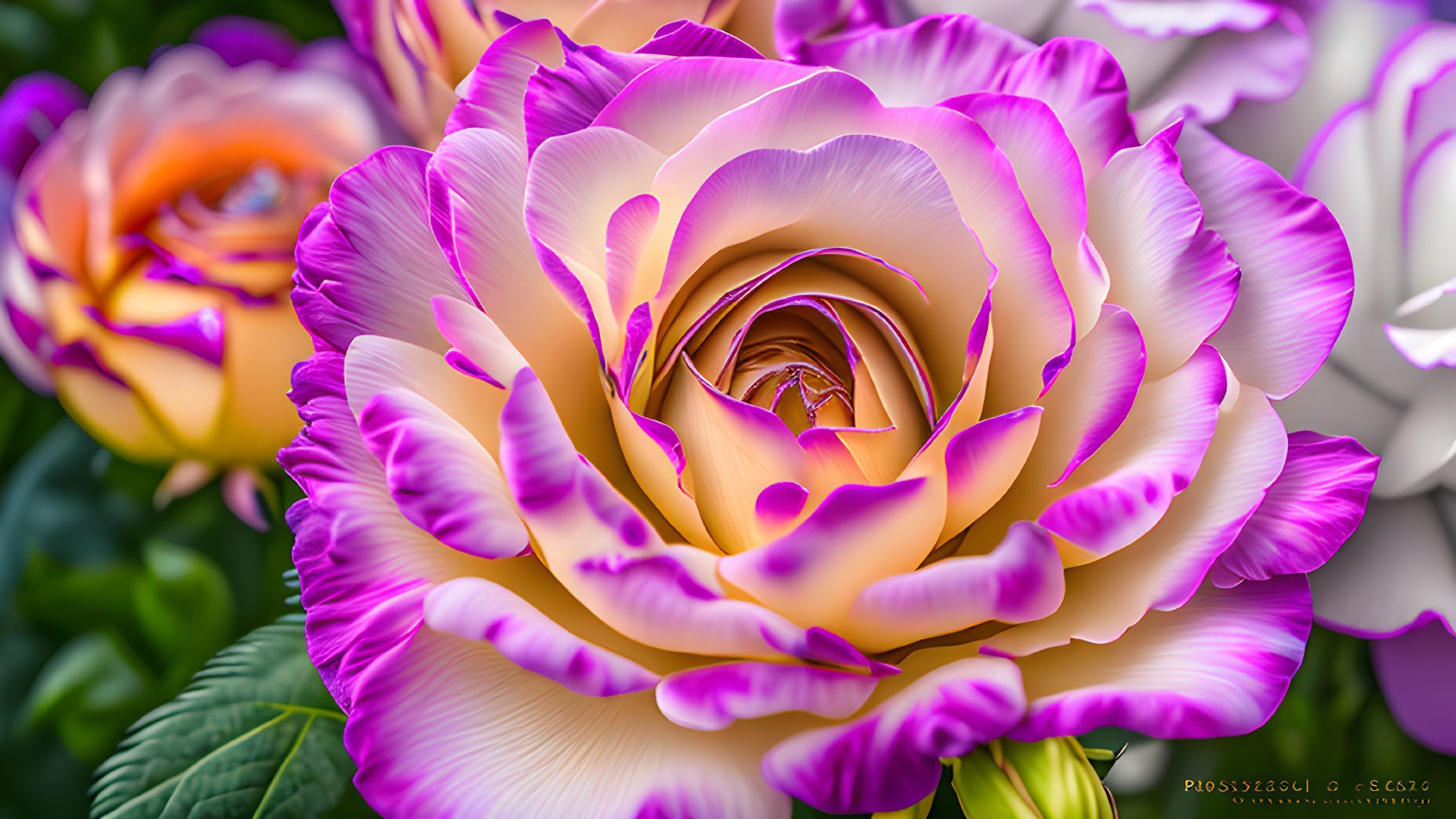 Vibrant rose with purple-edged petals in close-up view