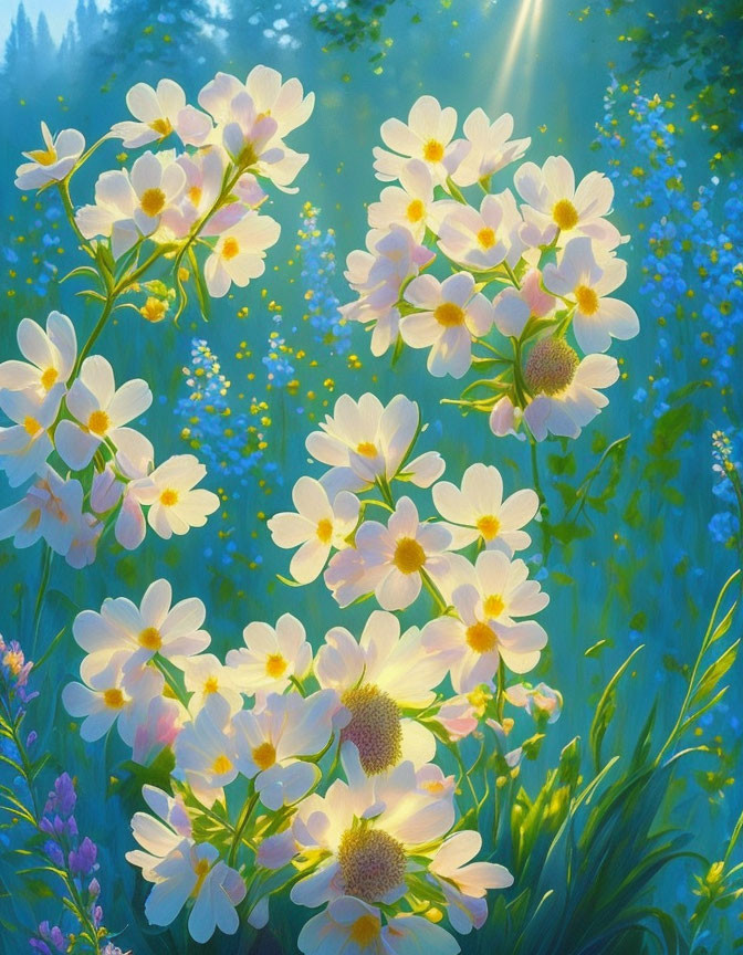 Bright white and yellow flowers in sunlight with blue wildflowers in lush green setting