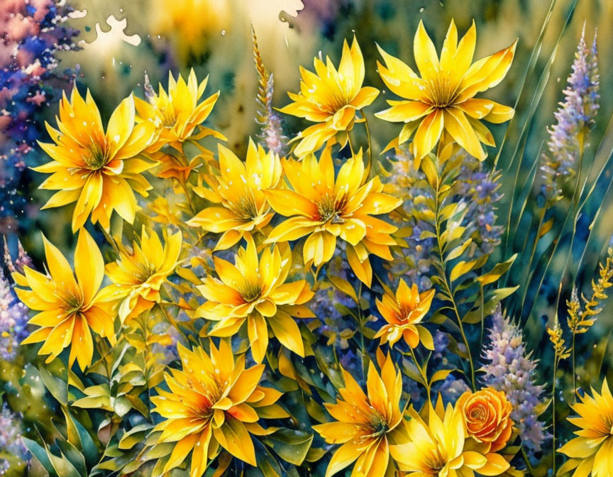 Colorful painting of yellow, green, and purple flowers with puzzle piece outline