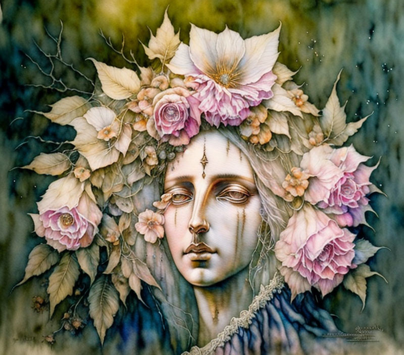 Ethereal face with floral crown in serene setting