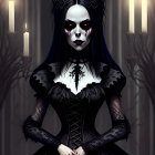 Gothic figure in Victorian attire with dark eyes and intricate headgear amid candlelight