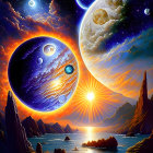 Colorful cosmic face, moon, cloaked figure, sun, boats, and Asian buildings in artwork