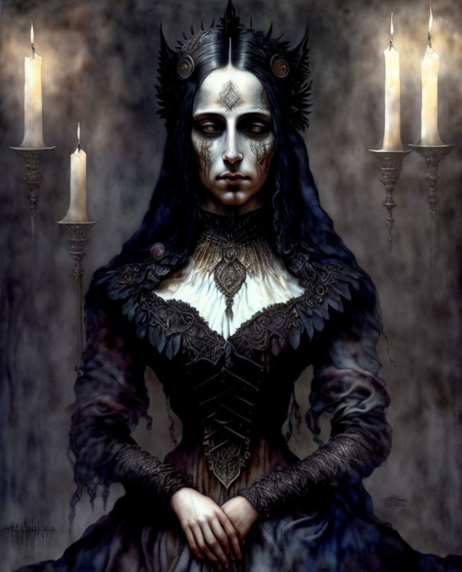 Gothic figure in Victorian attire with dark eyes and intricate headgear amid candlelight