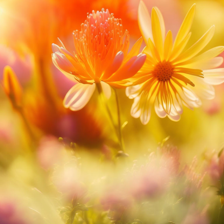 Close-up of Vibrant Yellow and Orange Flowers in Warm Sunlight