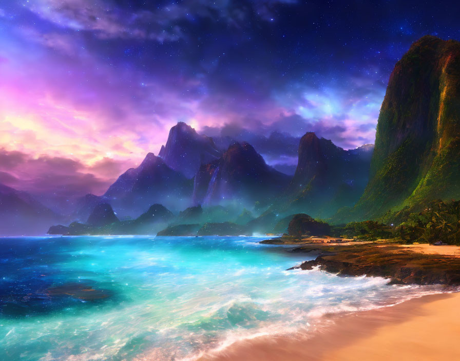 Vibrant beach scene: turquoise sea, golden sands, green cliffs, purple starry sky