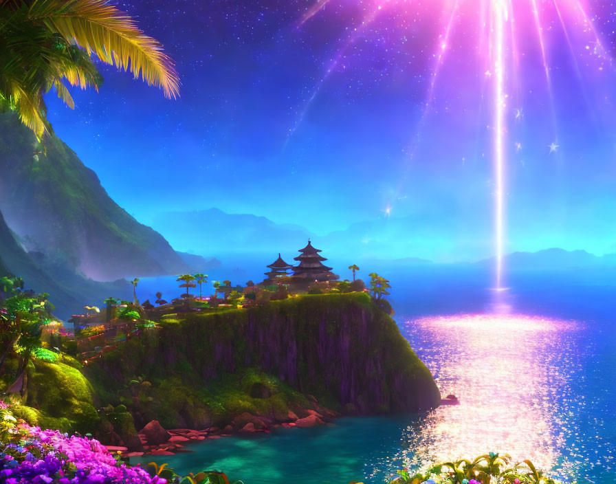 Fantasy landscape digital art with cliff-side temple & starry sky