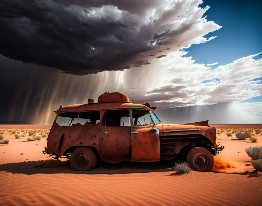 Rusted vintage truck in sandy desert under dramatic sky