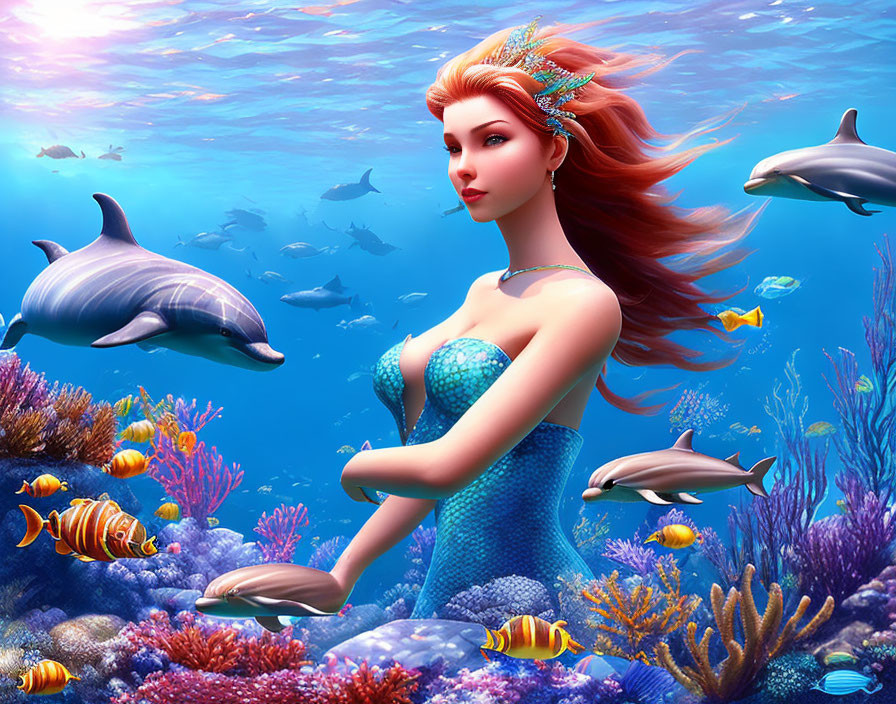 Red-Haired Mermaid with Blue Tail, Dolphins, and Coral Reefs