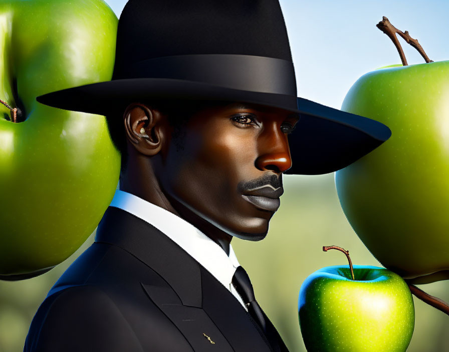 Stylized portrait of a man in black suit with mustache and hat, with green apples backdrop