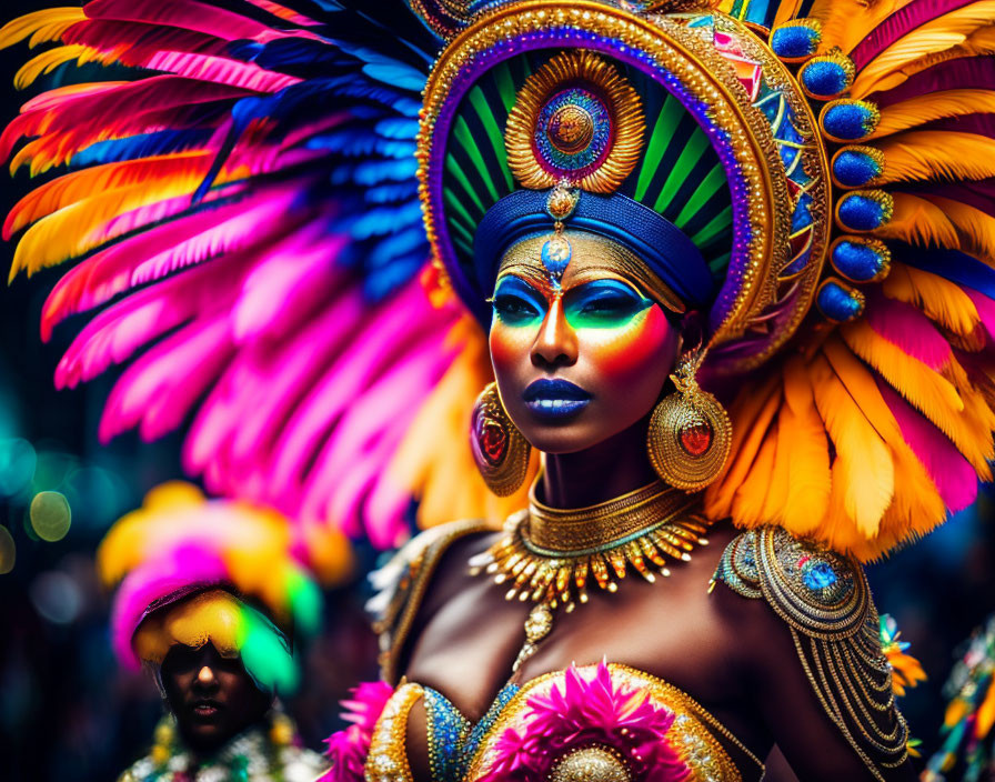 Colorful feather headdress and elaborate makeup create captivating aura in vibrant image.