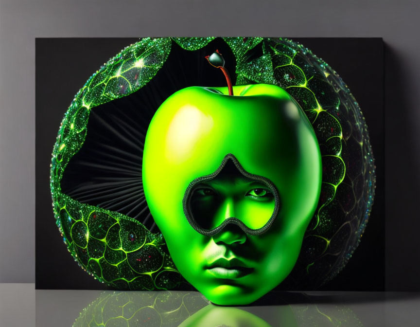 Surreal artwork: green apple with human face on black background