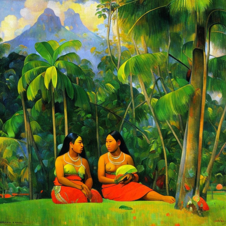 Women in traditional attire under tropical trees with mountain backdrop