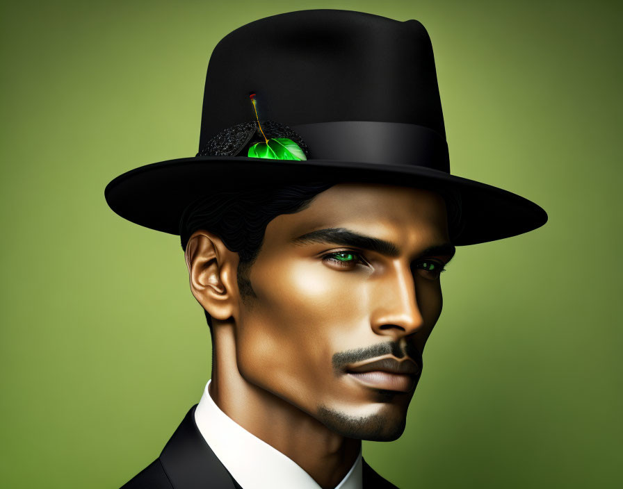 Man with Dark Facial Hair in Black Top Hat with Green Peacock Feather on Green Background