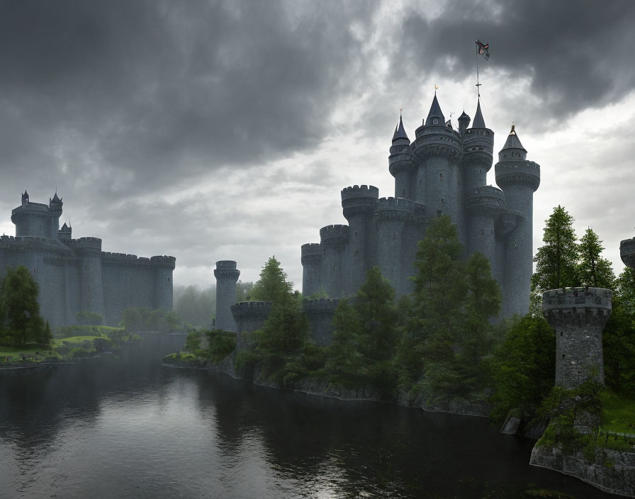 Stone castle with towers and river under cloudy sky