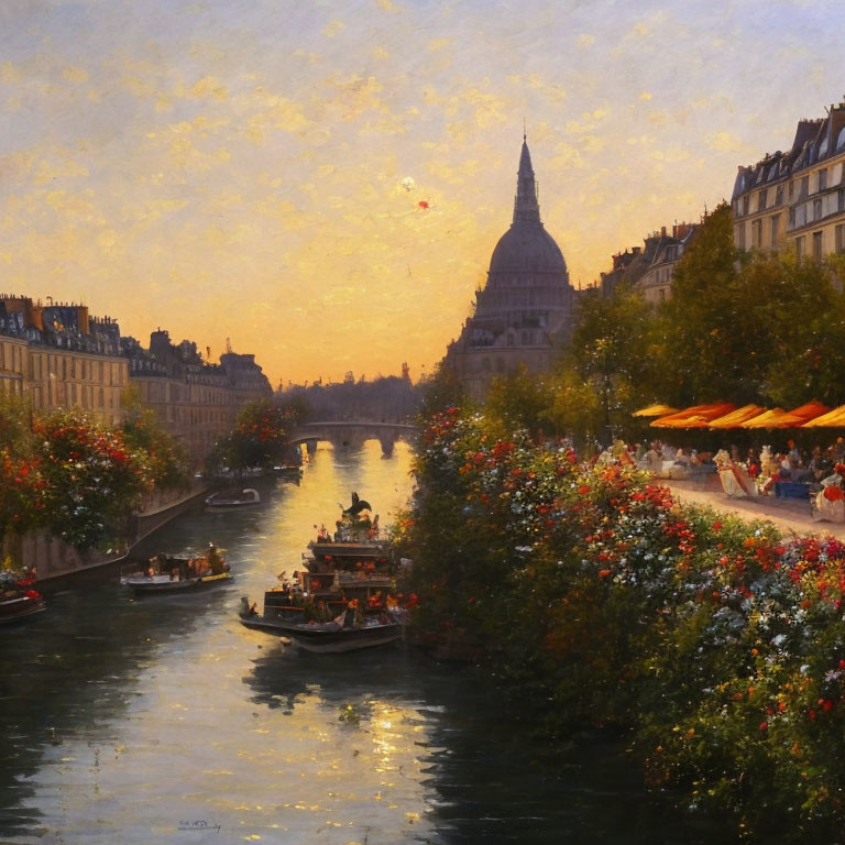 Tranquil river sunset with boats, flowers, and historic architecture