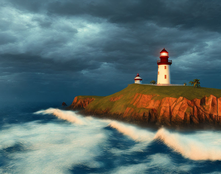 Rocky cliff lighthouse with glowing beacon against stormy clouds