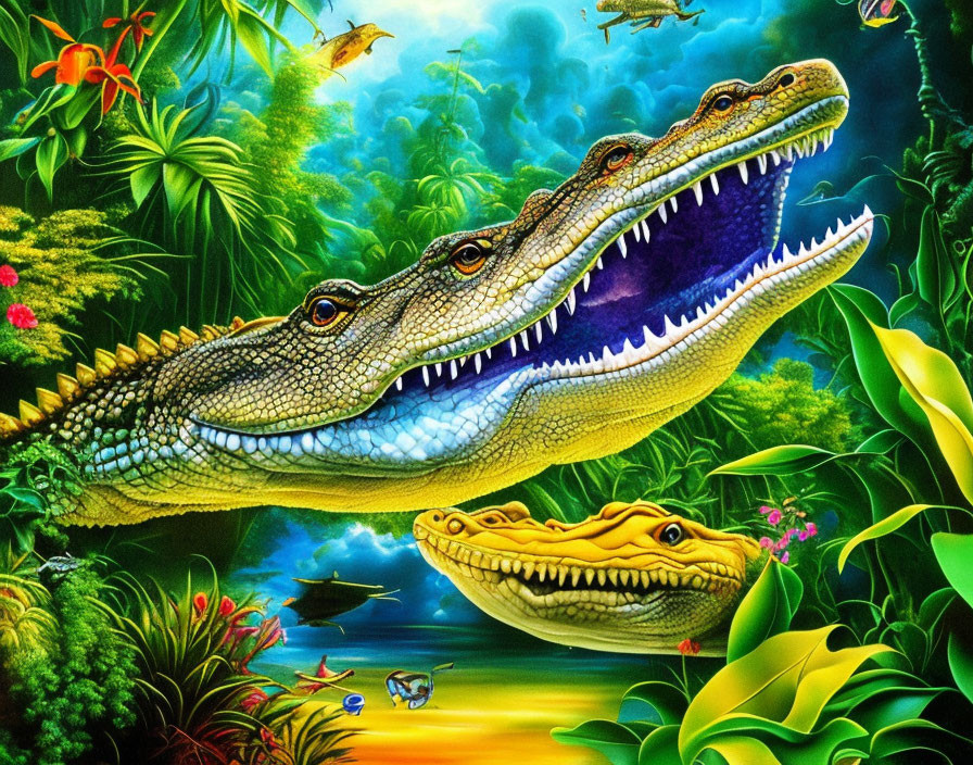 Colorful Jungle Scene with Crocodiles and Foliage