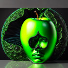 Surreal artwork: green apple with human face on black background