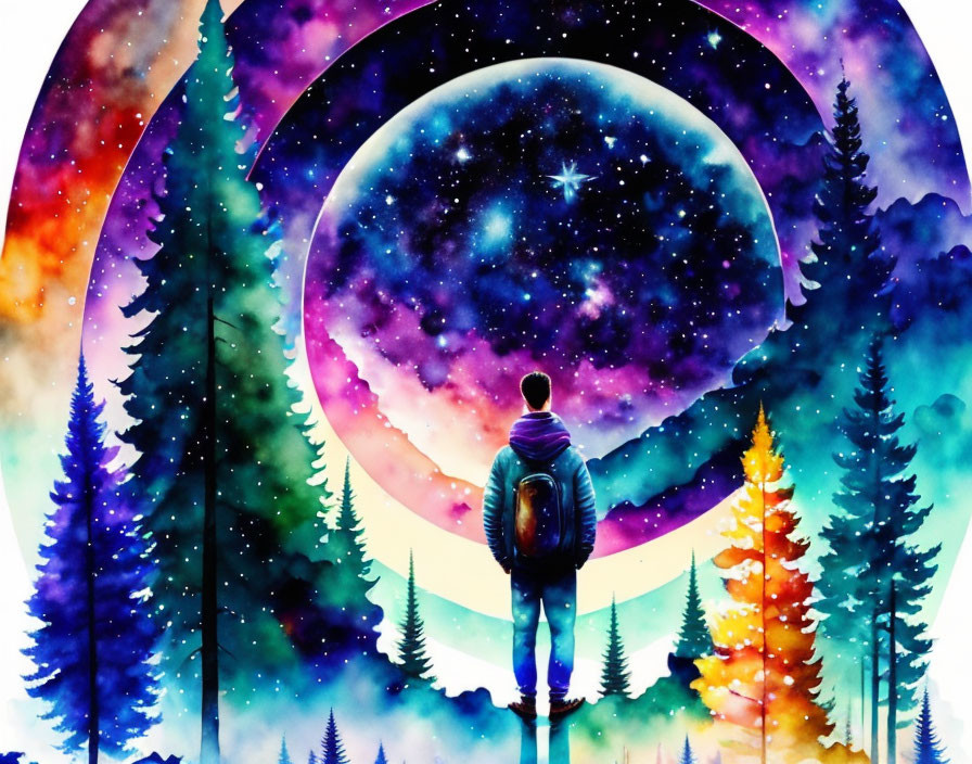 Person standing in front of cosmic moon and rainbow forest