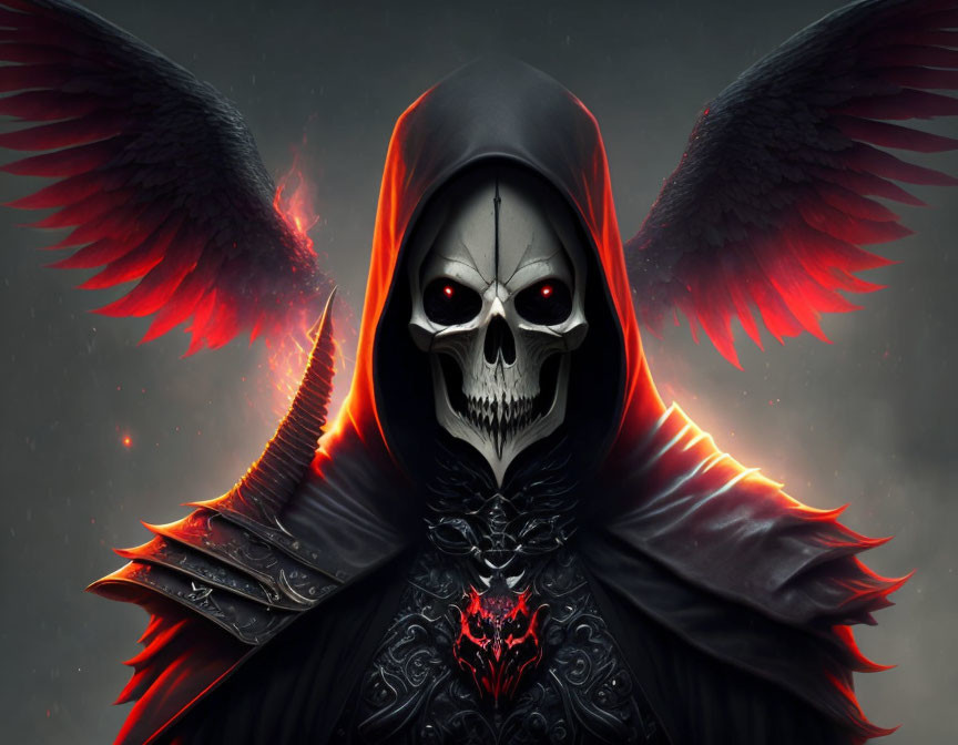 Skeletal figure with red eyes in hooded robe and fiery wings on dark background