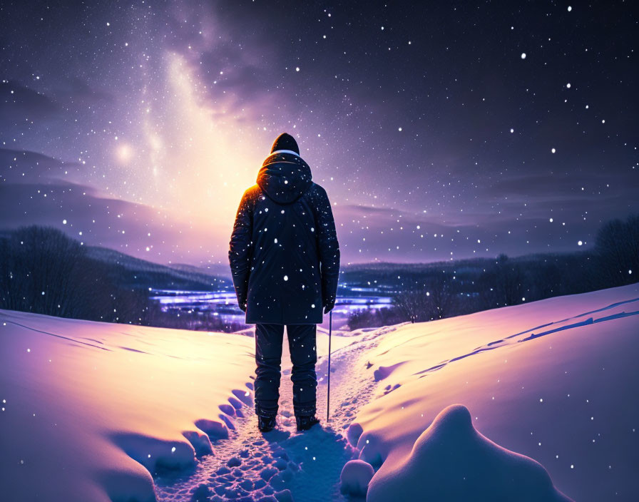 Person standing in snow under starry sky with glowing Milky Way and footprints.