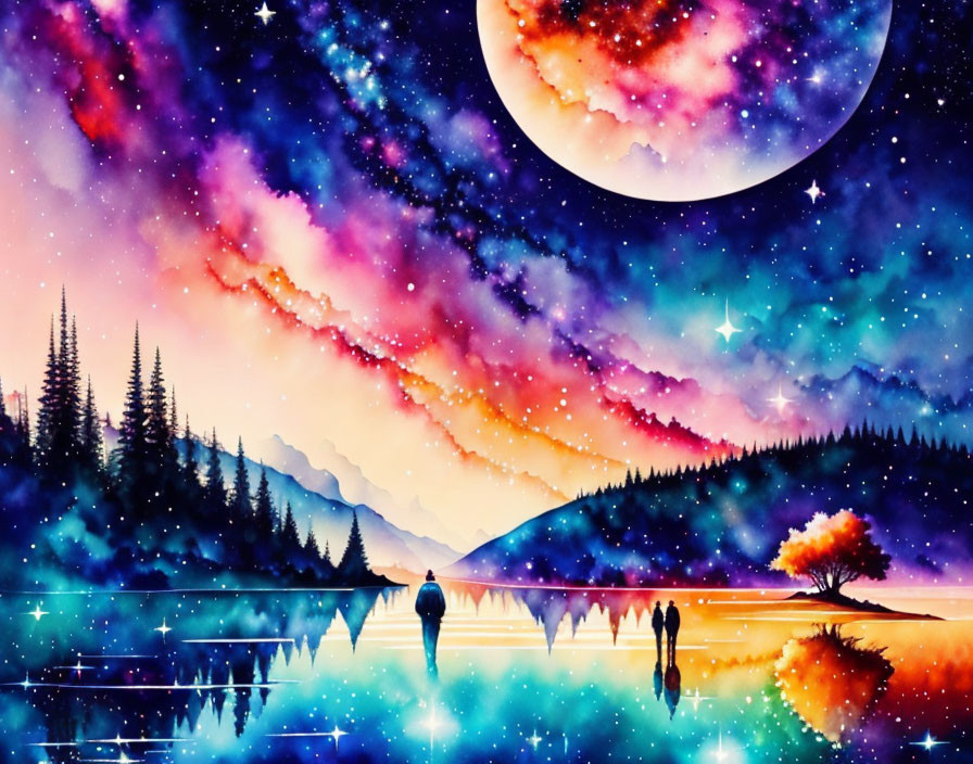 Colorful cosmic landscape with moon, stars, person by lake, trees, and vibrant sky