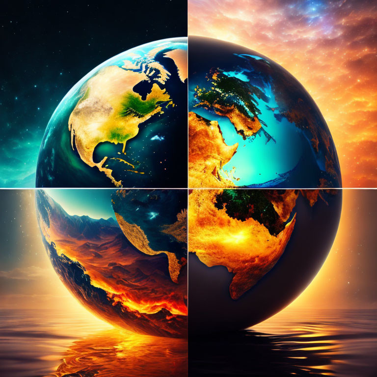 Artistic Earth Representations: Green Nature, Blue Water, Red Magma, Golden Sunset