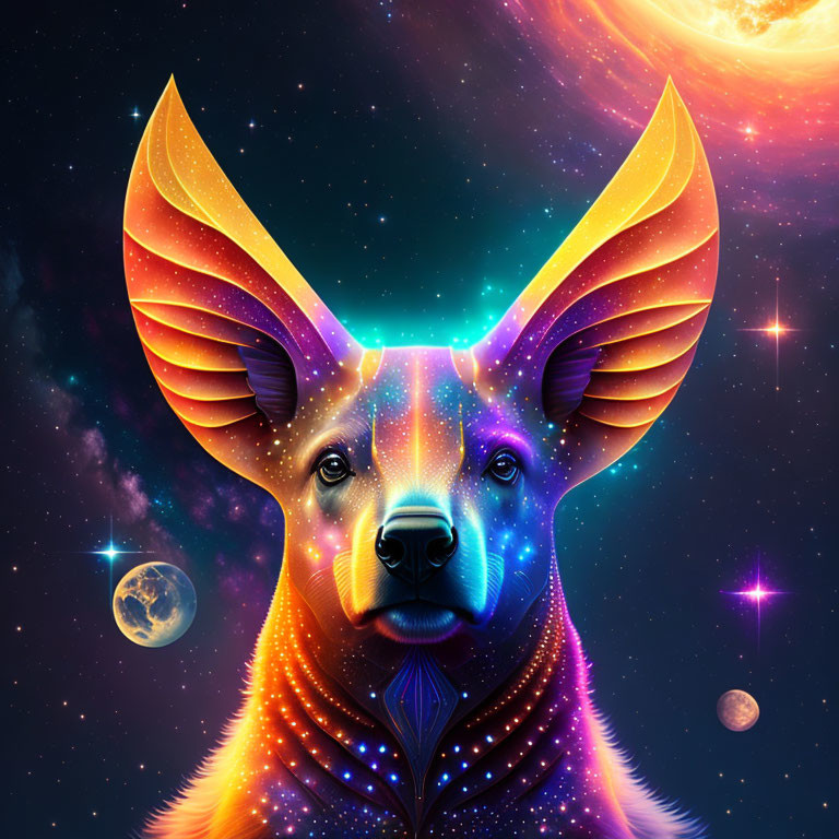 Colorful cosmic dog digital artwork with glowing features on stellar backdrop