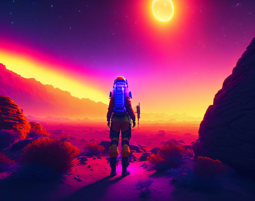 Astronaut with blue backpack on alien purple landscape