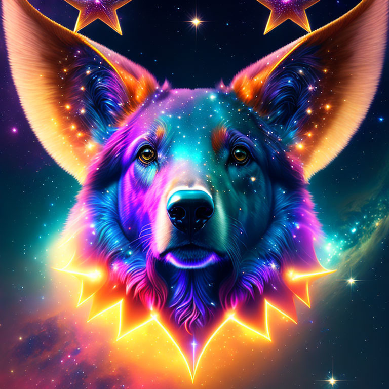 Digital art: Galaxy-themed dog with blue and purple fur and starry background