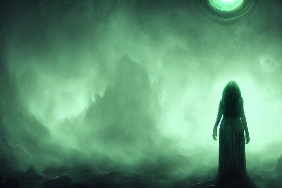 Mysterious lone figure in front of swirling green nebula