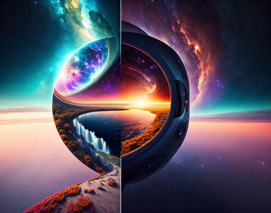 Surreal image of contrasting worlds in spherical tears in space