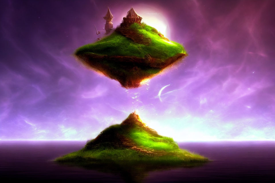 Floating island with greenery & structures over calm sea, under purple sky & full moon