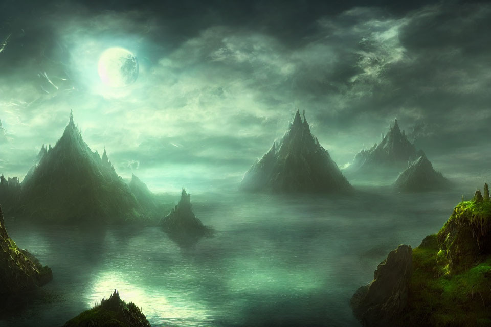 Moonlit Fantasy Landscape with Spiky Mountains & Ethereal Glow