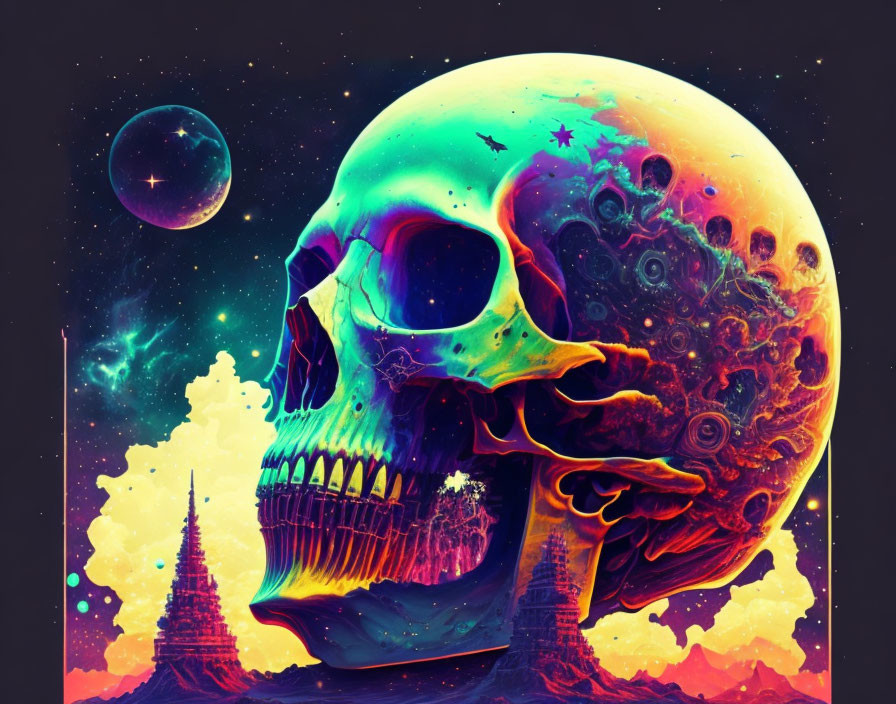 Skull merged with celestial body in cosmic illustration