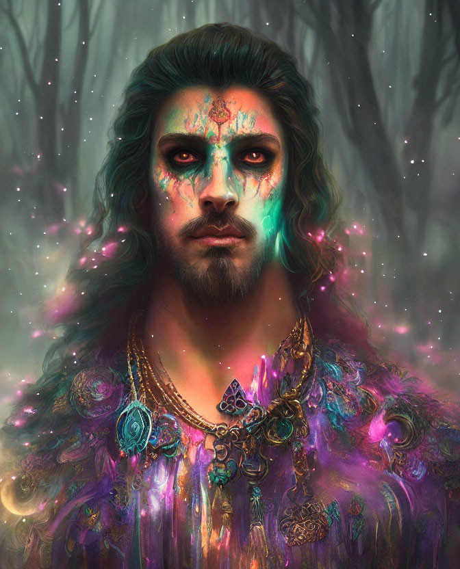 Portrait of man with captivating eyes in mystical glow, adorned with vibrant jewelry and tribal face paint.