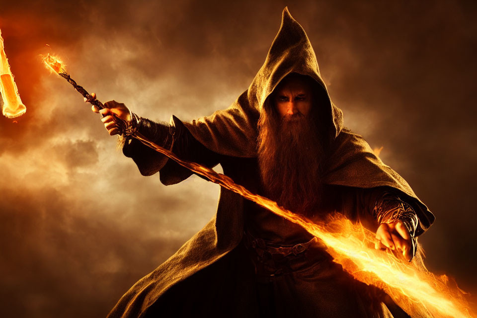 Wizard with long beard holding glowing staff against fiery cloud background