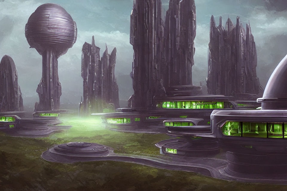 Futuristic cityscape with dark spires and green illuminated windows