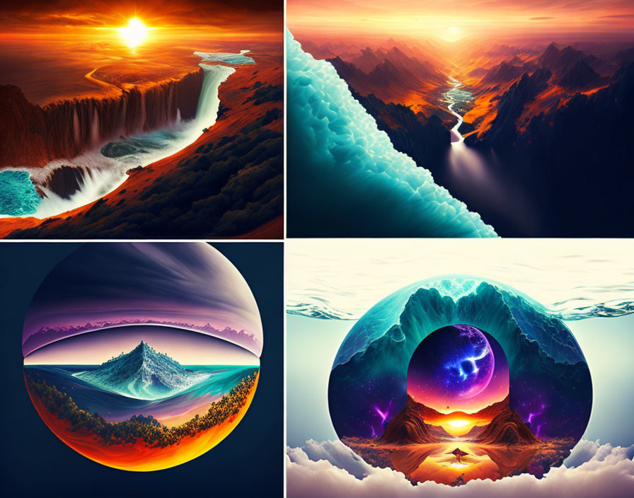 Four Surreal Vibrant Landscape Collages: Waterfalls, Mountain River, Icy Scene, Cosmic