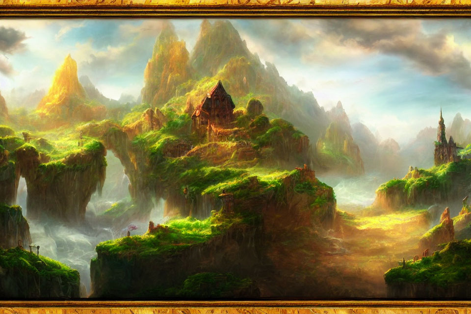 Fantasy landscape painting with floating islands and mystical structures