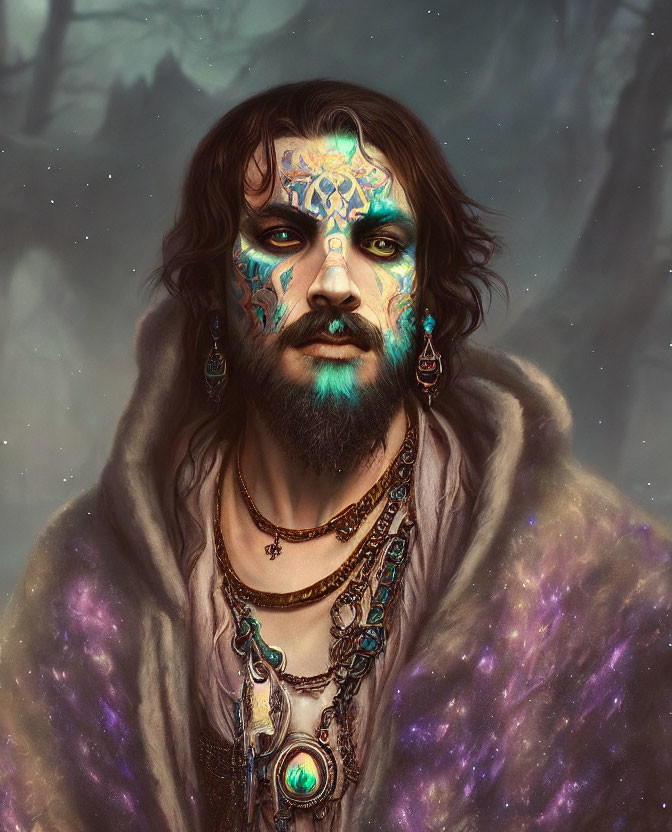 Mystical man with intense eyes and blue-gold face paint and galaxy-themed cloak