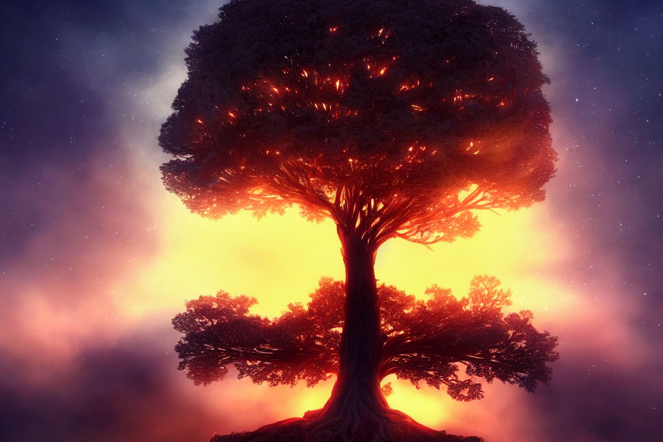 Majestic tree with luminescent glow in twilight sky