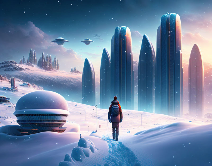 Person in winter attire gazes at futuristic cityscape with tall buildings, flying saucers, snowy