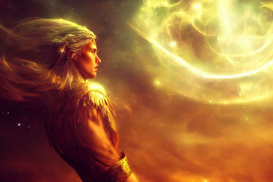 Elf in golden armor admiring swirling galaxy amidst stars